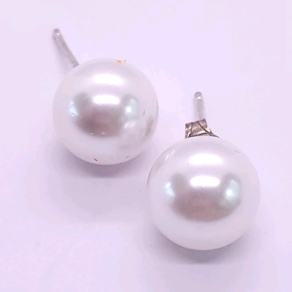 925 Sterling Silver Faux Pearl Large White Round Stud Earrings Butterfly Back
